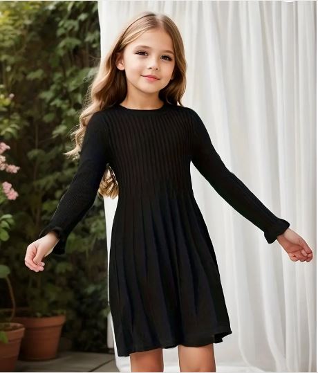 Elegant Girls Stretchy Solid Crew Neck Dress