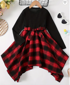 Girls Asymmetric Hem Plaid Long Sleeve Dress