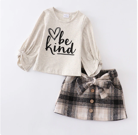 Girls Be Kind Top and Matching Plaid Skirt