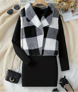 Girls Elegant Sleeveless Checkered Jacket and Solid Long Sleeve Dress