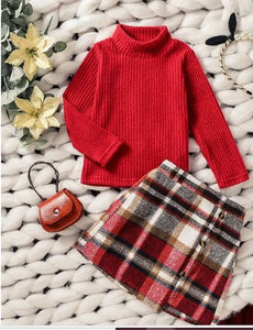 Girls Red High Neck Sweater and Matching Plaid Skirt