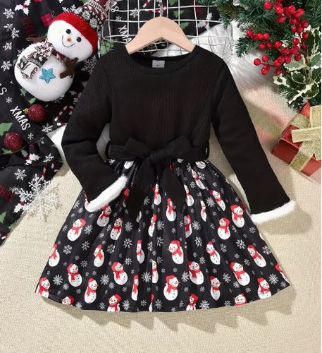 Girls Long Sleeve Snowman Print Christmas Dress