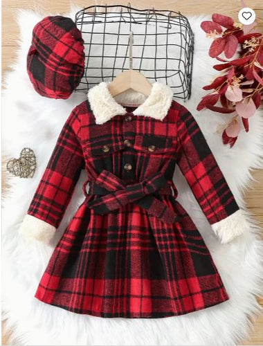 Girls Plaid Plush Collar Dress with Matching Belt and Beret