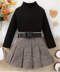 Girls Ribbed Turtleneck Top and Matching Pleated Skirt