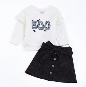 Girls Ruffled Sleeve White Boo Top and Matching Black Suede SkIRT