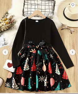 Girls Splicing Long Sleeve Christmas Tree Graphic Dress