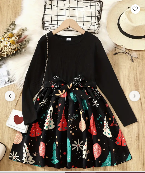 Girls Splicing Long Sleeve Christmas Tree Graphic Dress