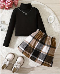 Girls Vintage High Neck Top and Matching Plaid Skirt