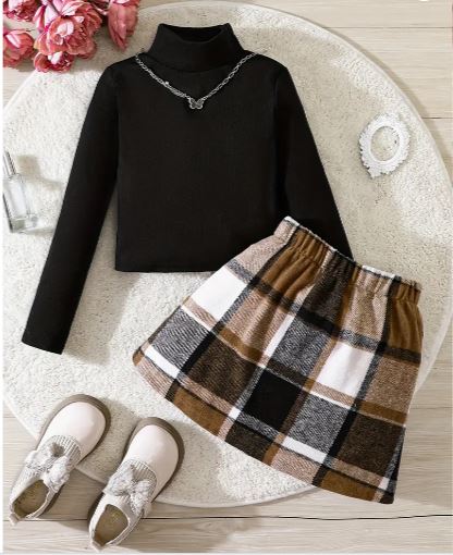 Girls Vintage High Neck Top and Matching Plaid Skirt