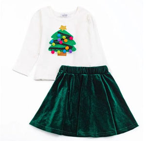 Girls Christmas Tree Pom-Pom Tee and Matching Velvet Skirt