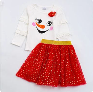 Girls Winter Snowman Print Top and Matching Red Tulle Skirt