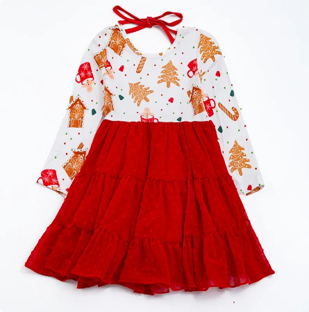 Long Sleeve Cookie Print Swiss Dot Twirl Skirt Dress