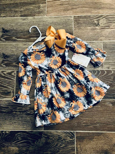 Long Sleeve Sunflower Print Fall Dress