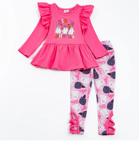 Pink Ruffled Sleeve Top and Matching Ghost Print Leggings