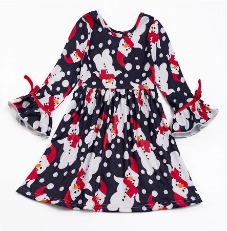 Ruffled Sleeve Full Skirt Snowman Print Dress