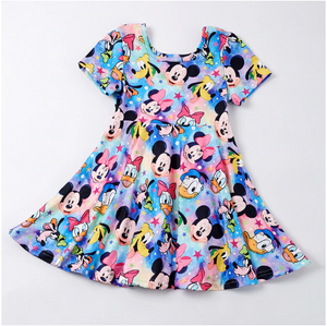 Short Sleeve Full Skirt Disney Print Summer Dress