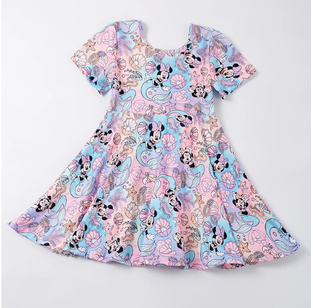 Short Sleeve Full Skirt Pastel Minnie Print Dress