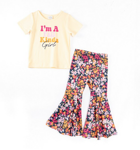Short Sleeve Rib Top and Floral Bell-Bottom Pant Set