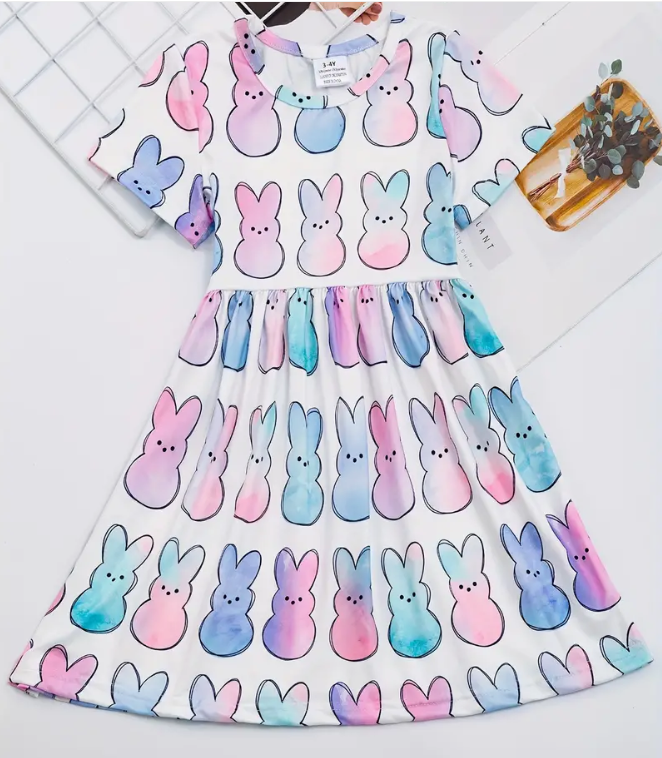 Girls Gradient Bunny Graphic Short Sleeve Dress