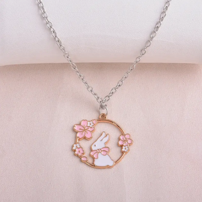 Girls Elegant Rabbit Flower Pendant Necklace