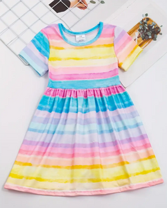 Girl's Colorful Striped A-line T-Shirt Dress