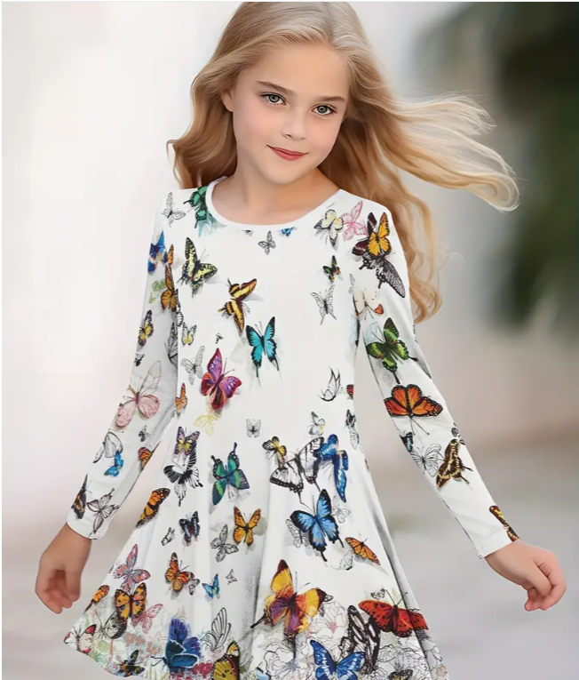 Girl's Dreamy Butterfly Graphic Long Sleeve Dress
