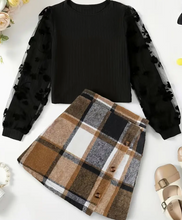 Girls Solid Long Sleeve Pullover Top + Plaid Skirt Set