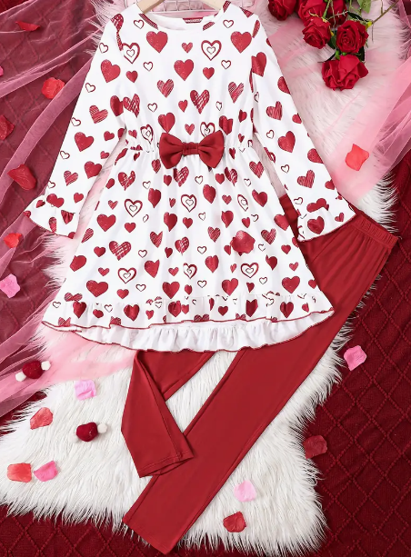 Girls 2pcs Heart Graphic Bow Long Sleeve Top and Matching Red Leggings!
