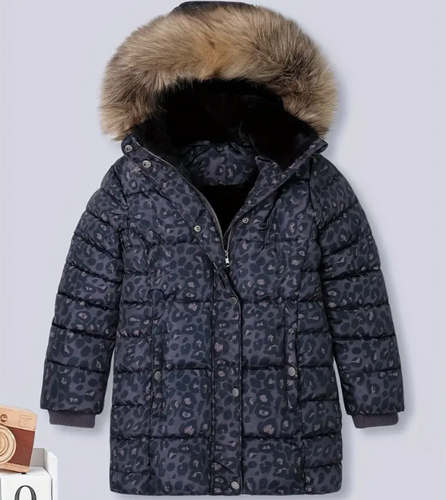 Solomate Girls' Padded Jacket - Leopard Print, Medium Length, Super Thick, Windproof, Splash Proof, Warm and Cozy for Cold Weather