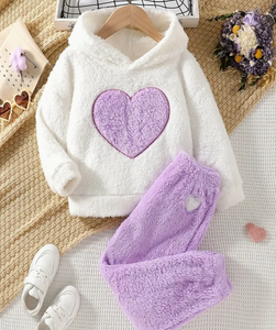 Girls Cozy Plush Heart Print Hoodie & Matching Joggers