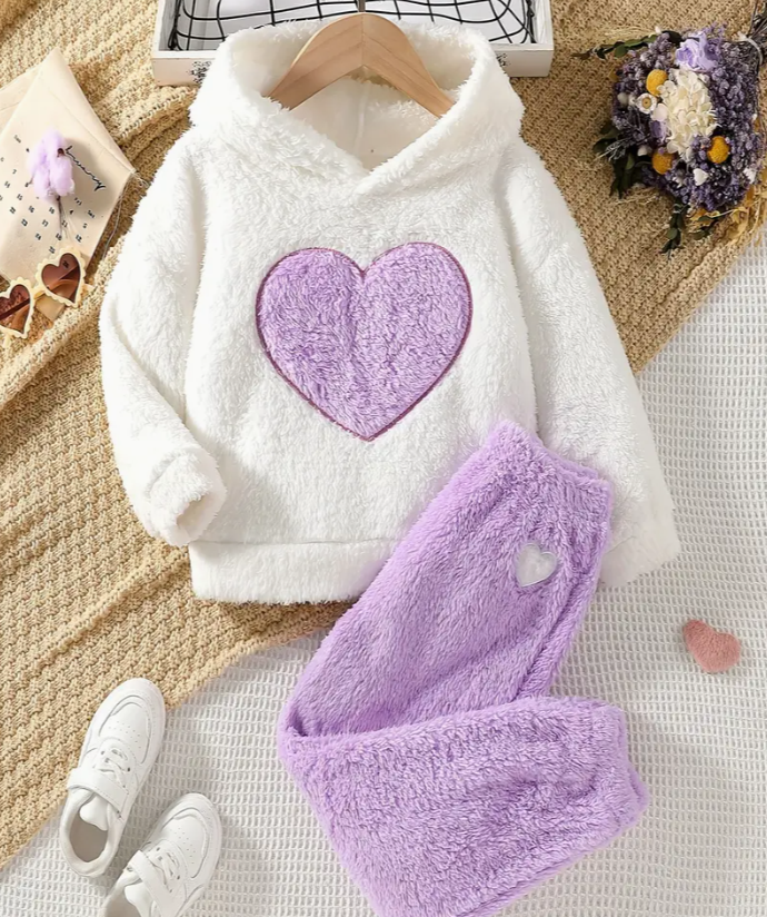 Girls Cozy Plush Heart Print Hoodie & Matching Joggers