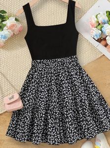 Girls Black Floral Vest Patchwork A-line Casual Dress