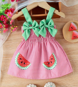 Baby Girl Watermelon Pattern Bowknot Sleeveless Gingham Dress