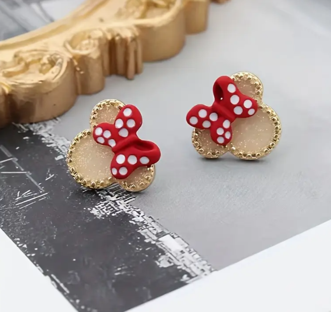 Girls Red & White Polka Dot Bow Design Earrings