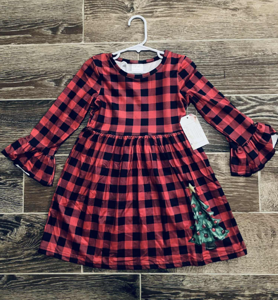 Girls Ruffled Sleeve Red Plaid Christmas Dress