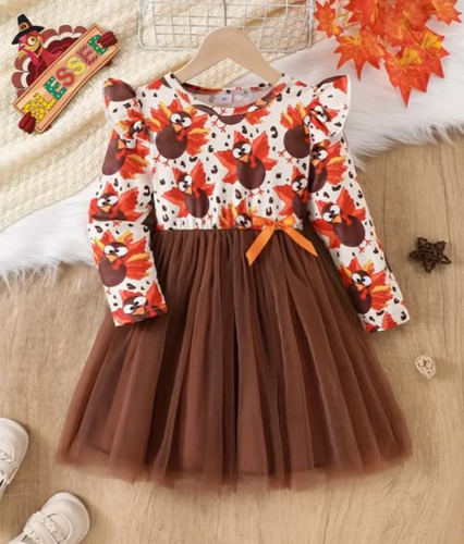 Girls' Thanksgiving Dress with Festive Turkey & Autumn Leaves Print