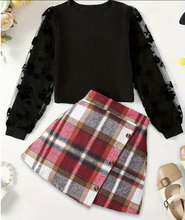 Girls Solid Long Sleeve Pullover Top + Plaid Skirt Set