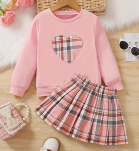 Girls 2 PC Long Sleeve Pull Over Top and Matching Plaid Pleated Skirt