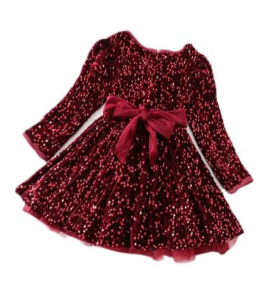 Girls Burgundy Sequin Twirl Skirt Dress