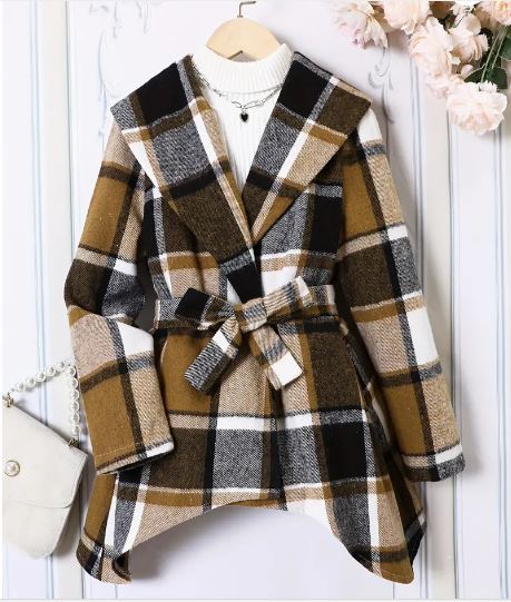 Girls Plaid Shawl Collar Jacket