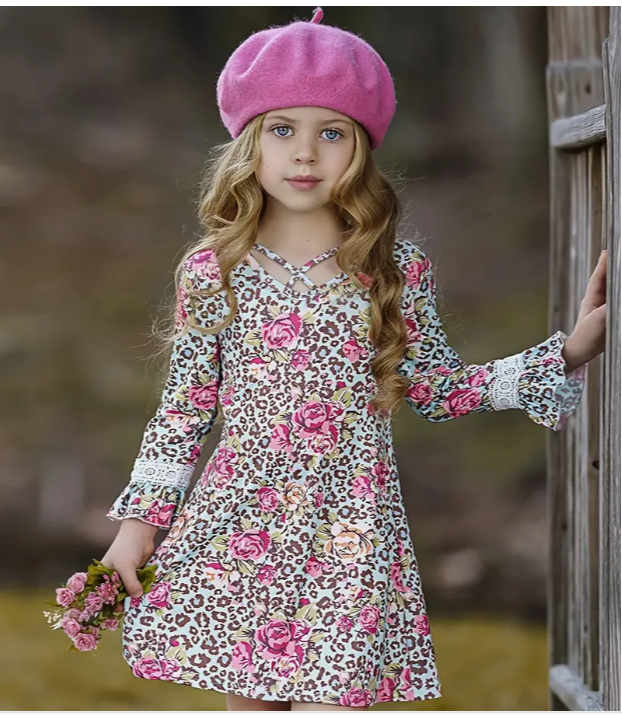Girls Leopard Print Floral Graphic Long Sleeve Dess