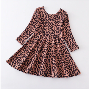 Long Sleeve Full Skirt Leopard Print Dress