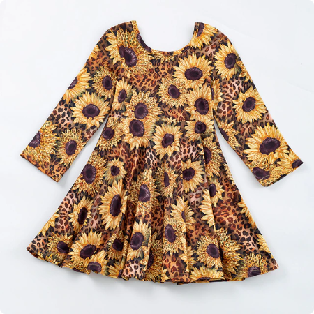 Long Sleeve Full Skirt Sunflower Print Fall Dress