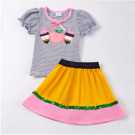 Short Sleeve Pencil Print Top and Matching Skirt