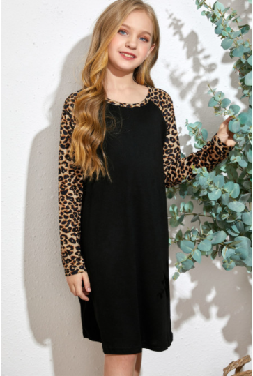 Black Leopard Patchwork Girl's Long Sleeve Dress