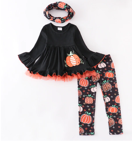 Black Ruffled Pumpkin Print Top and Matching Leggings and Scarf Set