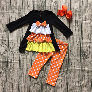 Girls Black Candy Corn Tunic, Orange Dotted Leggings & Hair Bow