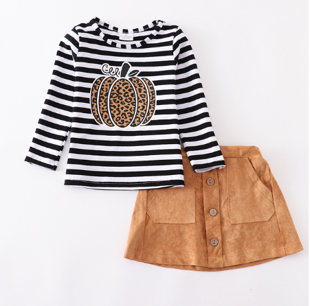 Black and White Striped Pumpkin Tee and Matching Suede Skirt