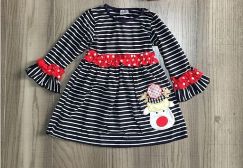 Black and White Striped Christmas Dress with Reindeer Applique
