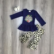 Navy Blue Pumpkin Top with Leopard Print Leggings and Matching Bow